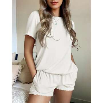 Ekouaer Womens Pajamas 2 Piece Ribbed Knit Pjs Short Sleeve Sleepwear Set Summer Soft Pajamas Set Casual Lounge Sets White S