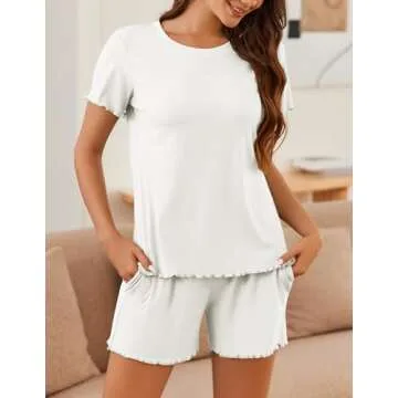 Ekouaer Womens Pajamas 2 Piece Ribbed Knit Pjs Short Sleeve Sleepwear Set Summer Soft Pajamas Set Casual Lounge Sets White S