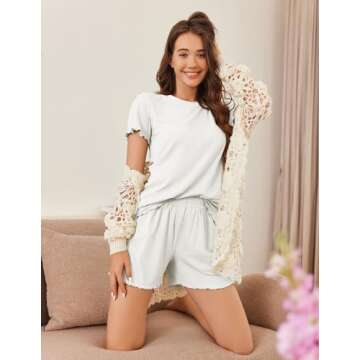 Ekouaer Womens Pajamas 2 Piece Ribbed Knit Pjs Short Sleeve Sleepwear Set Summer Soft Pajamas Set Casual Lounge Sets White S