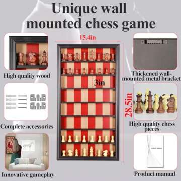 Grhonior Wall Mount Chess Board Game Wooden Giant Chess Game Set Vertical Hanging Display Case Family Play Game Art Decor for Home
