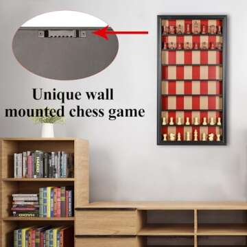 Grhonior Wall Mount Chess Board Game Wooden Giant Chess Game Set Vertical Hanging Display Case Family Play Game Art Decor for Home