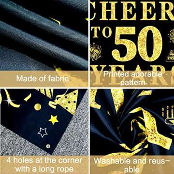 Trgowaul 50th Birthday/Anniversary/Wedding Decorations for Women Men, Cheers to 50 Years Banner, Black and Gold 50th Birthday Backdrop, 50 Bday Decorations Party Banner Photography Supplies Background
