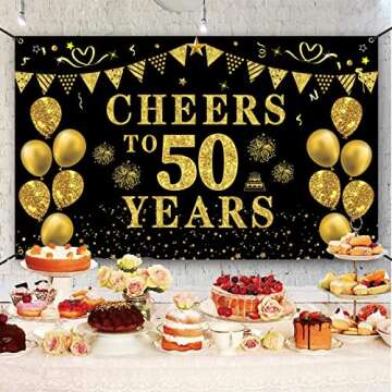 Trgowaul 50th Birthday/Anniversary/Wedding Decorations for Women Men, Cheers to 50 Years Banner, Black and Gold 50th Birthday Backdrop, 50 Bday Decorations Party Banner Photography Supplies Background