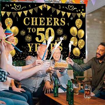 Trgowaul 50th Birthday/Anniversary/Wedding Decorations for Women Men, Cheers to 50 Years Banner, Black and Gold 50th Birthday Backdrop, 50 Bday Decorations Party Banner Photography Supplies Background