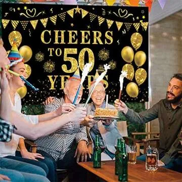 Trgowaul 50th Birthday/Anniversary/Wedding Decorations for Women Men, Cheers to 50 Years Banner, Black and Gold 50th Birthday Backdrop, 50 Bday Decorations Party Banner Photography Supplies Background