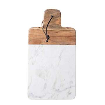 Bloomingville 15.5" L Rectangle Marble & Mango Wood Cheese Handle & Leather Strap Cutting Board, White