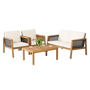 PATIOJOY 4 Pieces Outdoor Acacia Wood Furniture Set, PE Wicker Conversation Set with Coffee Table an...