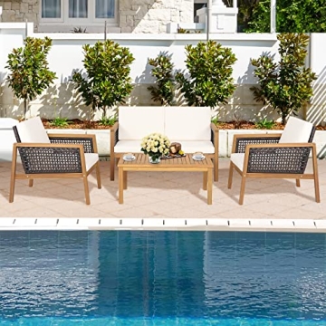 PATIOJOY 4-Piece Outdoor Acacia Wood Conversation Set
