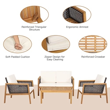 PATIOJOY 4-Piece Outdoor Acacia Wood Conversation Set
