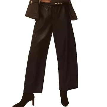 Anoumcy Faux Leather Pants for Women High Waist Wide Leg PU Leather Barrel Palazzo Trousers Pants wi...