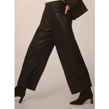 Anoumcy Faux Leather Pants for Women High Waist Wide Leg PU Leather Barrel Palazzo Trousers Pants with Pockets Black M