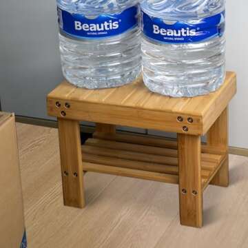 VaeFae Bamboo Small Seat Stool for Kids, Foot Rest Shaving Stool,Storage Shelf, Durable Lightweight and Anti Slip, for Home, Bathroom,Bedside | Nursery School