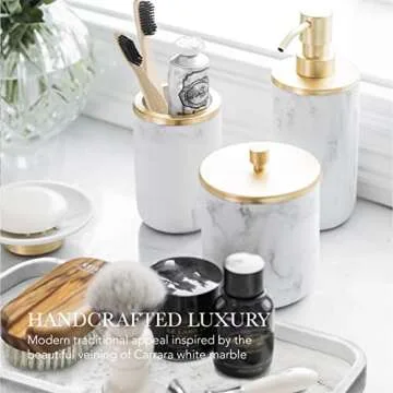 Bathroom Soap Dispenser Set - Bathroom Toothbrush Holder Set, Marble, Gold, Farmhouse Bathroom Decor, 5 Piece Bathroom Accessories Set