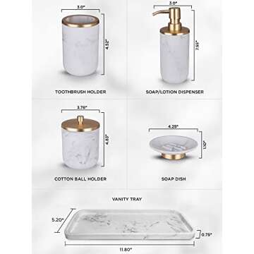 Bathroom Soap Dispenser Set - Bathroom Toothbrush Holder Set, Marble, Gold, Farmhouse Bathroom Decor, 5 Piece Bathroom Accessories Set