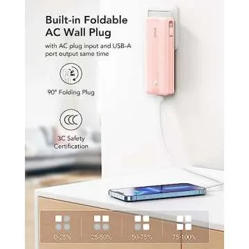 VRURC Power Bank, 22.5W Fast Charging Portable Charger with Built-in Cables & AC Wall Plug, 10000mAh Battery Pack(QC4.0 PD3.0), USB C with 4 Output 2 Input, Compatible with iPhone Samsung etc - Pink