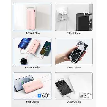 VRURC Power Bank, 22.5W Fast Charging Portable Charger with Built-in Cables & AC Wall Plug, 10000mAh Battery Pack(QC4.0 PD3.0), USB C with 4 Output 2 Input, Compatible with iPhone Samsung etc - Pink