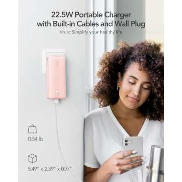 VRURC Power Bank, 22.5W Fast Charging Portable Charger with Built-in Cables & AC Wall Plug, 10000mAh Battery Pack(QC4.0 PD3.0), USB C with 4 Output 2 Input, Compatible with iPhone Samsung etc - Pink