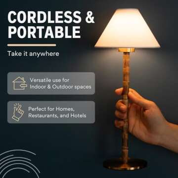 LUXELYKOS Bamboo Cordless LED Table Lamp, Rechargeable Battery, 24-Hour Use, Dimmable Warm Light, Portable Wireless Lamp with Remote for Indoor/Outdoor Use, Home, Patio, Bedroom, Restaurant Décor