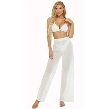 Awoscut Women See Through Sheer Mesh Pants Beach Swimsuit Bikini Bottom Cover up Party Club Elastic High Waist Wide Leg Pants (White, X-Large)