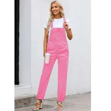 luvamia Overalls for Women Loose Fit Classic Bib Casual Jean Stretchy Denim Overall Jumpsuit Tapered Leg Womens Overall Jumpsuit Pink Denim Overalls Women Candy Pink Size Medium Size 8 Size 10