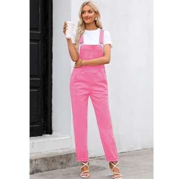 luvamia Overalls for Women Loose Fit Classic Bib Casual Jean Stretchy Denim Overall Jumpsuit Tapered Leg Womens Overall Jumpsuit Pink Denim Overalls Women Candy Pink Size Medium Size 8 Size 10