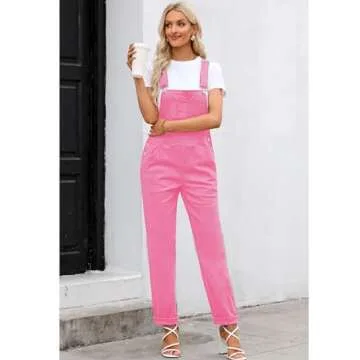 luvamia Overalls for Women Loose Fit Classic Bib Casual Jean Stretchy Denim Overall Jumpsuit Tapered Leg Womens Overall Jumpsuit Pink Denim Overalls Women Candy Pink Size Medium Size 8 Size 10