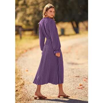 PRETTYGARDEN Women's 2025 Spring Fall Midi Dress | Casual V Neck Swiss Dot Dress (Dark Purple, XL)