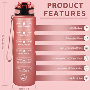 ZOMAKE 32oz Motivational Water Bottle with Times to Drink,Time Marker & Removable Strainer,Fast Flow,Leakproof Tritan BPA Free Non-Toxic Water Jug for Fitness,Gym,Sports Rose Gold(Upgrade)