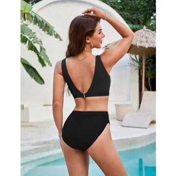 Blooming Jelly Womens Cheeky High Cut Bikini Set Cute Ruched Swimsuits High Leg 2 Piece Swim Suits (Large, Black)