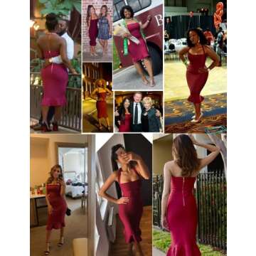 Womens Halter Fishtail Bandage Party Dress Elegant Wedding Guest Dress(Wine,L)