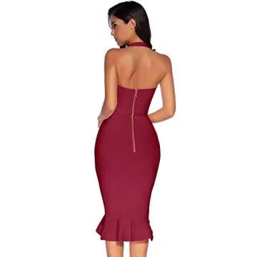 Womens Halter Fishtail Bandage Party Dress Elegant Wedding Guest Dress(Wine,L)
