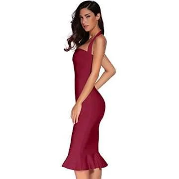 Womens Halter Fishtail Bandage Party Dress Elegant Wedding Guest Dress(Wine,L)