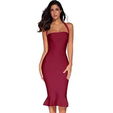 Womens Halter Fishtail Bandage Party Dress Elegant Wedding Guest Dress(Wine,L)