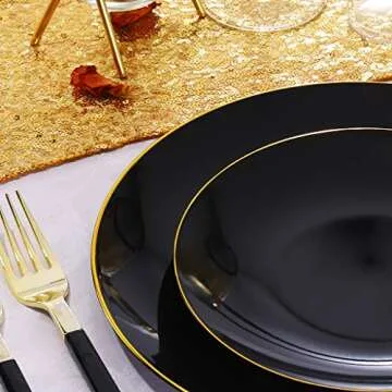 Nervure 100PCS Black and Gold Plastic Plates - 10.25 inch Black Disposable Plates - Gold Rim Dinner Plates - Black Dinner Plates Ideal for Wedding & Party & New Year