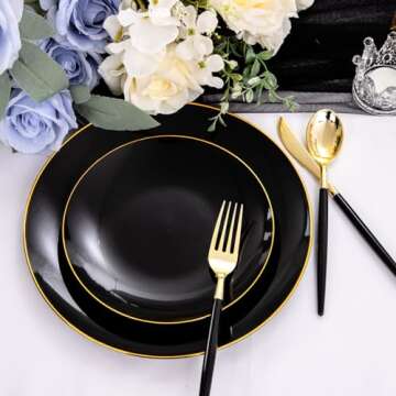 Nervure 100PCS Black and Gold Plastic Plates - 10.25 inch Black Disposable Plates - Gold Rim Dinner Plates - Black Dinner Plates Ideal for Wedding & Party & New Year