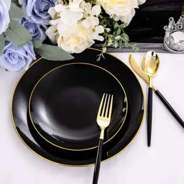 Nervure 100PCS Black and Gold Plastic Plates - 10.25 inch Black Disposable Plates - Gold Rim Dinner Plates - Black Dinner Plates Ideal for Wedding & Party & New Year