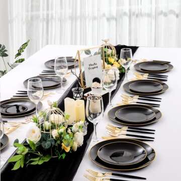 Nervure 100PCS Black and Gold Plastic Plates - 10.25 inch Black Disposable Plates - Gold Rim Dinner Plates - Black Dinner Plates Ideal for Wedding & Party & New Year