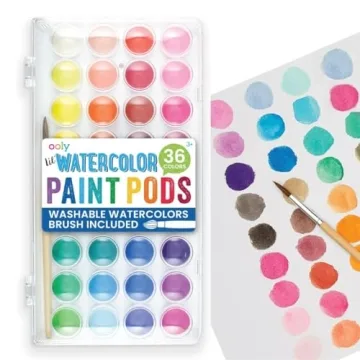 Ooly Lil' Watercolor Washable Paint Pods Set with Brush, 36 colors & 1 Paintbrush, Washable Watercol...