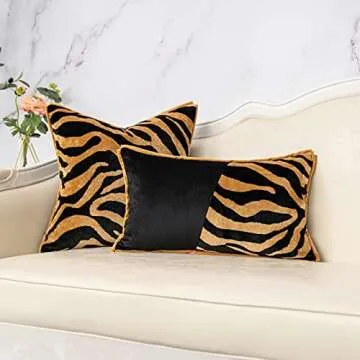 Yangest Black and Gold Square Pillow Cover Cut Velvet Zebra Print Cushion Cover Luxury Modern Pillowcover for Couch Living Room Bedroom,18x18 Inch