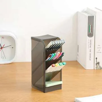 Marbrasse 3 Pcs Big Desk Organizer- Pen Organizer Storage for Office, School, Home Supplies, Translucent White Pen Storage Holder, High Capacity, Set of 3, 12 Compartments (Black Big Pen Holder)