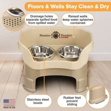 Neater Feeder Deluxe Mess Proof Dog Bowls Elevated Medium Sized Dog – Made in USA – No Spill Raised Dog Food Bowl Stand w/Leg Extensions – Stainless Steel Dog Food and Water Bowl Set – Beige