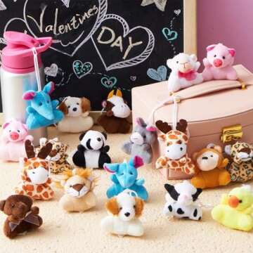 JOYIN 28 Pack Valentines Day Gifts Cards for Kids with Animal Plush Toy Key Chain Stress Relief Fidg...
