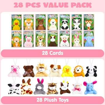 JOYIN 28 Pack Valentines Day Gifts Cards for Kids with Animal Plush Toy Key Chain Stress Relief Fidget Toy for Valentine's Classroom Exchange Cards and Valentines Party Favor