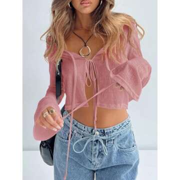 Tankaneo Women's Tie Front Crop Tops Bell Sleeve Scoop Neck Long Sleeve Blouses Crochet Sheer Knit S...