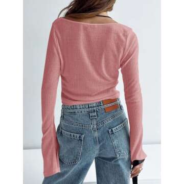 Tankaneo Women's Tie Front Crop Tops Bell Sleeve Scoop Neck Long Sleeve Blouses Crochet Sheer Knit Shrug Shirts Brick Red