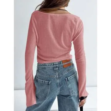 Tankaneo Women's Tie Front Crop Tops Bell Sleeve Scoop Neck Long Sleeve Blouses Crochet Sheer Knit Shrug Shirts Brick Red