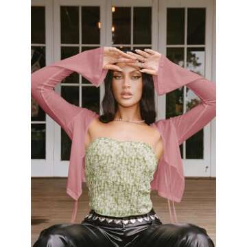 Tankaneo Women's Tie Front Crop Tops Bell Sleeve Scoop Neck Long Sleeve Blouses Crochet Sheer Knit Shrug Shirts Brick Red