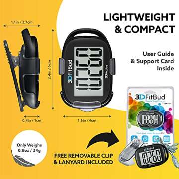 3DFitBud Simple Step Counter Walking 3D Pedometer from 3DActive with Clip & Lanyard - A420S - Black