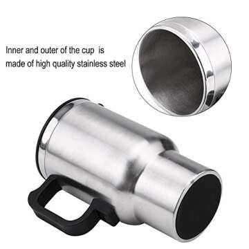 12V Car Heating Cup Car Heated Mug, 450ml Electric Mug Stainless Steel Travel Coffee Cup