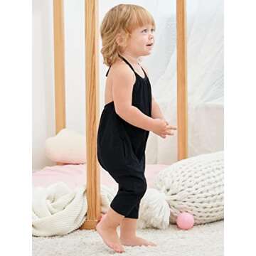 Lindanina Slouch Jumpsuit for Toddlers Harem Strap Romper Little Girls Backless Halter Playsuit with Pockets Cute Solid One Piece(Black, 4-5T)